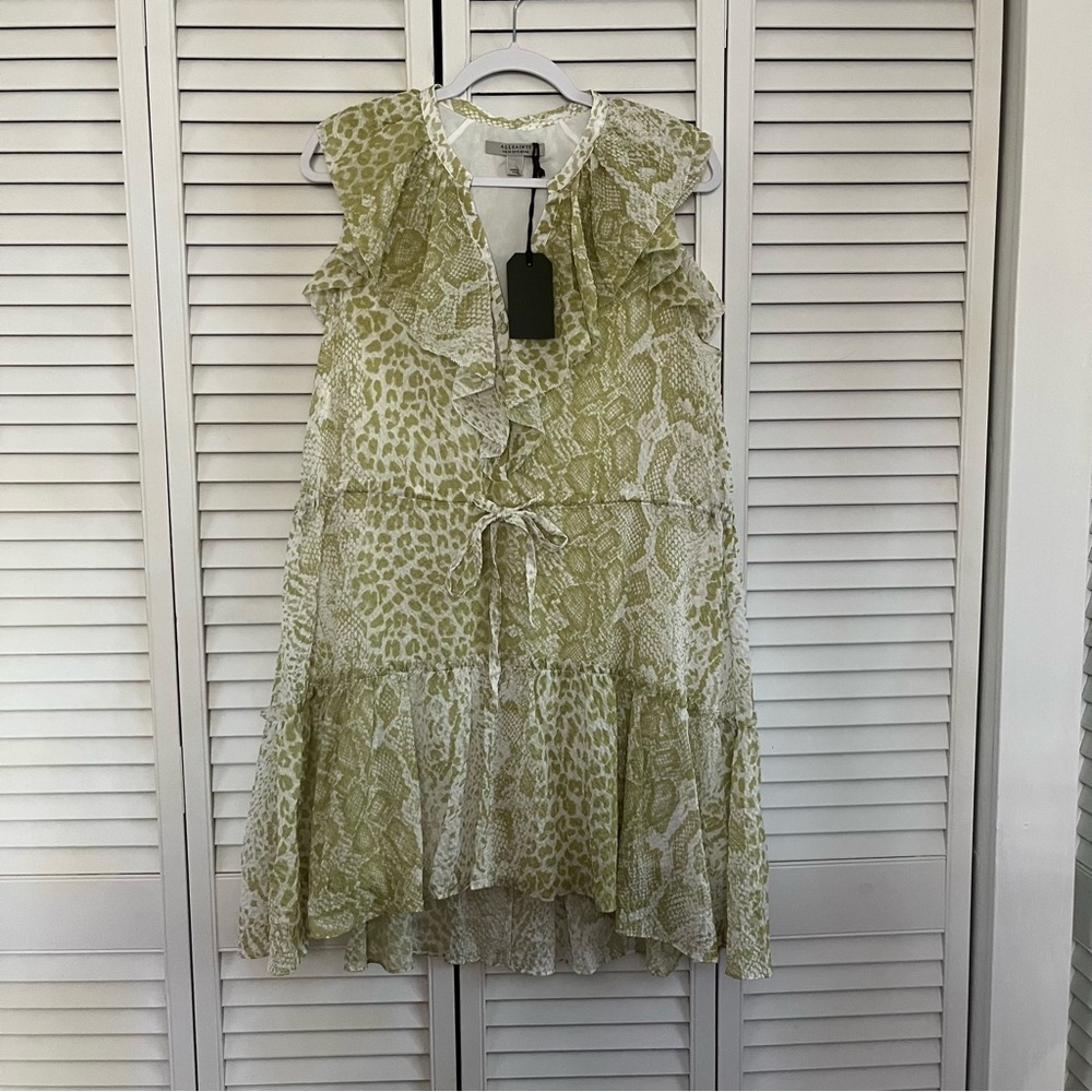 NWT AllSaints Ali Noche Size 10 Green White Summer Dress Tie Waist Ruffles Snake - Picture 4 of 7